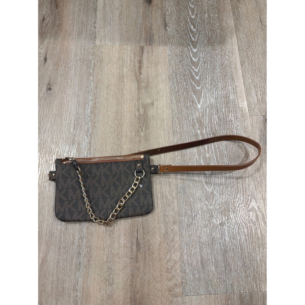 Michael Kors Signature Monogram Belt Bag Brown Gold Chain Fanny Pack